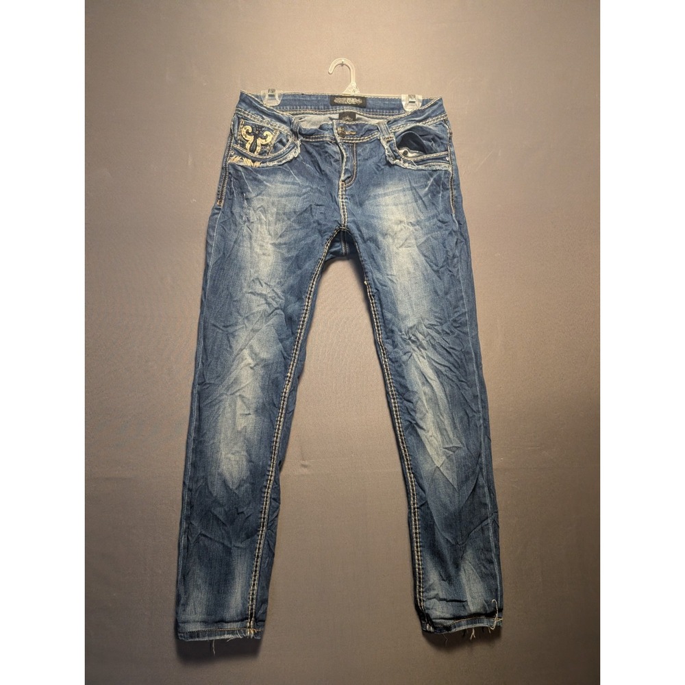 Vintage Cello Jeans Womens 11 Blue Denim Embroidered Lotus Pocket Tapered Leg